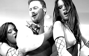 Sex orgy with two honey girls in ripped fishnets and three guys wearing masks