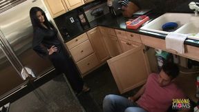 Dark-haired wife enjoys charming man's touch after he fixes her kitchen sink