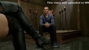 mistress in leather thigh high boots enjoys her boy toy