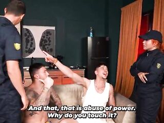Police officers arrive to restore order in the apartment and end up joining in the pleasure.