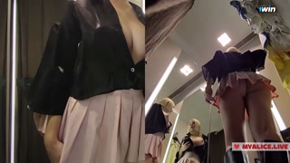 Young blonde shows big tits in the dressing room. See throuhg clothes