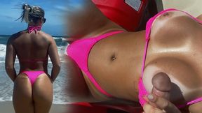 Hot blonde rides quad bike while giving risky beach handjob