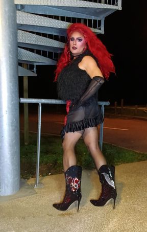 A sexy slut mature crossdresser pees in her panties and cum at emergency  exit of the hotel