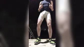 Japanese amateur in thong bulge and penis ring jerks outdoors at park