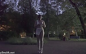 Jeny Smith tests her new suit. Flashing in public