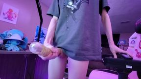 Femboy’s tiny toy struggles under my massive cock