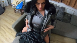 Cum play with husband friend while wearing hooded jacket and shiny boots 207