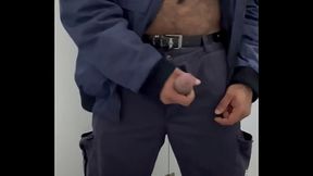 Security guard ejaculated on his work uniform in a public restroom.