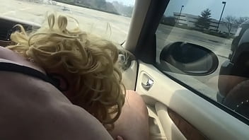 Crossdresser Sucks my big cock in her car deep throats load - Lingerie