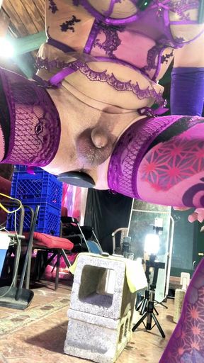 Sexy Shemale in Violet Lingerie Inserting Bottle in His Ass