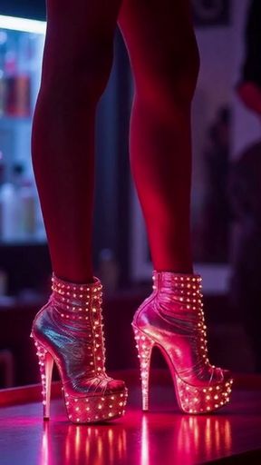 Hot high heels on a counter in a nightclub with messy cumshots on legs, feet and heels. AI-generated   Clip 1
