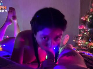 Stepsister gives cousin a moist Recent Year's oral-job and takes cum in her mouth