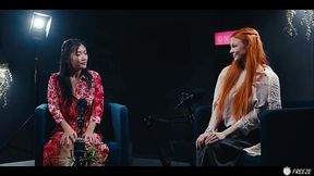 Brunette redhead humiliates Asian submissive in lesbian hardcore
