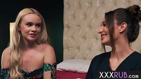 Hot teen Khloe Kingsley enjoys lesbian massage and pussy tonguing with Ella Reese