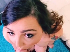 Big tit brunette sucks a big cock POV