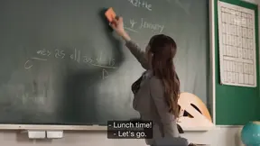 Beautiful Japanese teacher seduces student, licking wet pussy and boobs