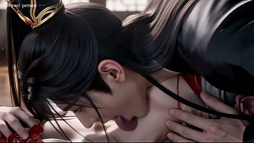 A Chinese classical beauty with skin as white as snow, dressed in red and with white hair. Blowjob, cum, first episode, AI-generated