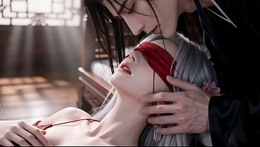 A Chinese classical beauty with skin as white as snow, dressed in red and with white hair. Blowjob, cum, first episode, AI-generated