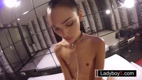 Tiny Thai femboy with small tits anal fucked in bondage after sucking