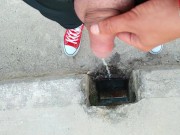 Uncut cock piss on a bridge through hole