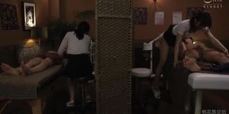 Beautiful masseuse rides me raw while my wife gives a sloppy blowjob beside me.