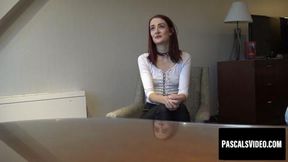 Redhead young Andi Dye gets big cock deep in her throat and behind