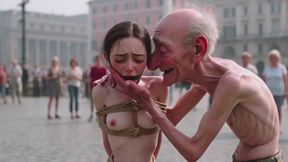 Public Bondage Humiliation - Old Stranger Caresses Desperate Horny Girl
