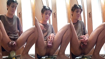 Twink started squirting from wide bottle. Awesome male squirt!