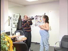 Pregnant brunette blowing old pals dick