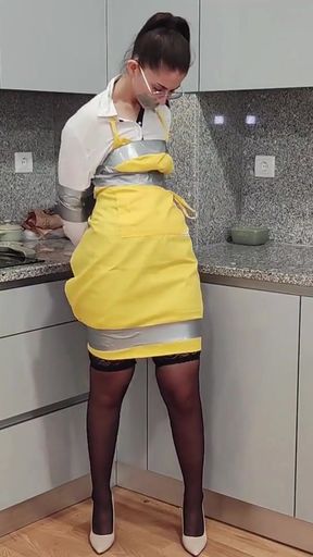 STUNNING WAITRESS SEXY TIGHT APRON FETISH BONDAGE DUCT TAPE   Clip 1