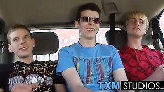 Picking up cute twink Todd for hard threesome sex in the car