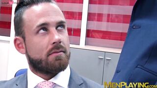 Bearded businessman Logan Moore fucked raw after hot blowjob