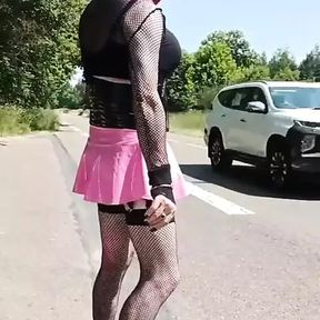 sissy does the whore in miniskirt and high heels