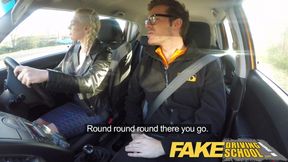 Naughty student in pigtails gets a deep creampie at fake driving school
