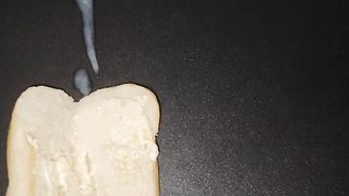 Femboy Trans Woman Makes a Jism Sandwich and Slurps it