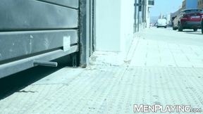 Suited Dan Tyser bends over for Oskar Ivans deep drilling