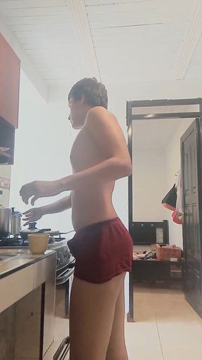 Beautiful Effeminate Femboy with a Big Ass, Cooking Naked, Showing off His Ass and His Hard, Delicious Cock