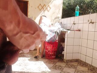 I caught my stepdaughter washing clothing in shorts, I got excited and liked her super sexy snatch
