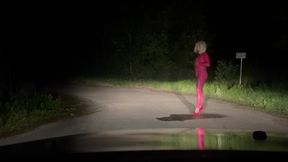 Outdoor Pissing in a Pink Full Rubber Suit