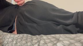 Horny guy shows his asshole while lying on the bed.