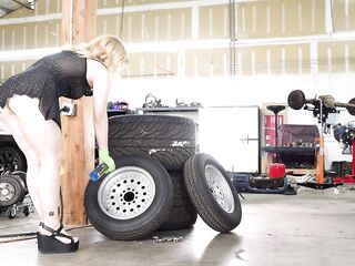 BREASTY BLOND LATIN CHICK STEP SIS Shows Her BUTT in a Ebony Mini Costume Whilst This babe Cleans The Wheels