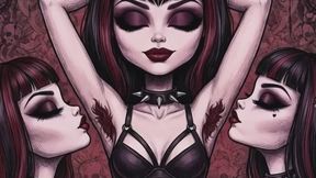 sexy model animated babe with bushy hairy armpits has her pits licked and smelled by two kinky lesbian friends