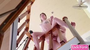 Kinky couple's staircase bondage fuck session
