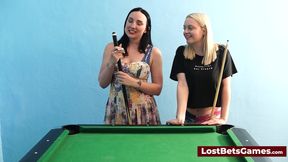 Busty babes play billiards with a twist in lost bet game