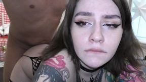 Inky teen with small silicone tits gets fucked through ripped fishnet stockings