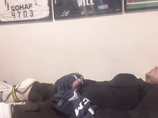 Amateur cum in full Hockey gear after training
