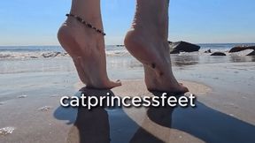 Beach feet, Coney Island beach walk, wet and sandy wrinkles, pretty, long toes, size 9 milf feet in long skirt, pink peach polish