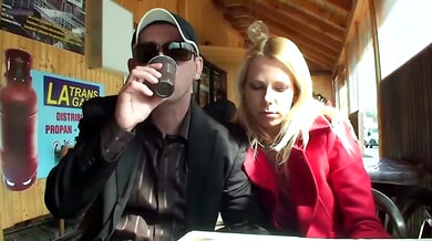 Blonde Czech beauty pees openly on a forest path before taking him deep