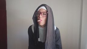 NUN HIDES TO SMOKE