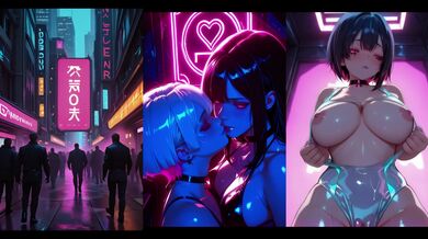 Robot Girl Fingering Lesbian Kisses Destroyed Nipples Sucking Cyberpunk Neon City